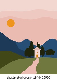 Landscape abstract boho with house, Mountain. Aesthetic Minimal nature European background with sun, sky, trees. Printable Silhouette for decor wall in room. 