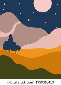 Boho abstracto paisajístico con montaña, luna, árbol. Estética Naturaleza mínima fondo con cielo nocturno, estrellas, colina. Silhouette imprimible para la pared decorativa de la habitación.