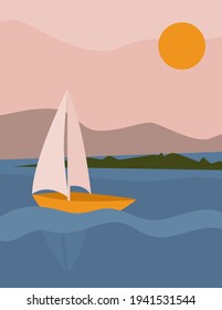 Landscape abstract boho with Sailboat at sea. Aesthetic Minimal nature background with sun, sky, mountain, ocean. Printable Silhouette for decor wall in room.