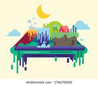 landscape abstract illustration background drawing vector with trees, hut, volcano, water body, clouds, mountains, etc.