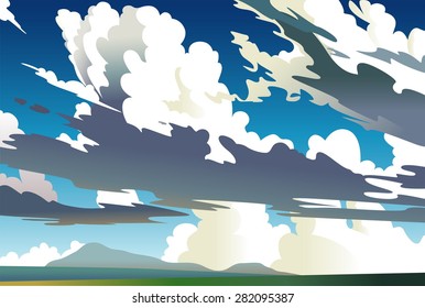 landscape: the abstract image of the sky with clouds, mountains in the distance, the land with grass, drawing