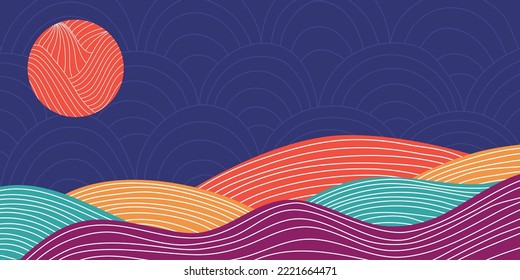 Landscape abstract Japanese design colorful background mountain and sun ocean wallpaper 