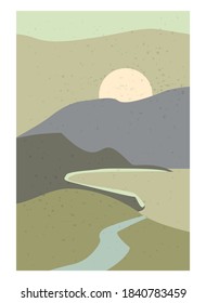 Landscape Abstract Modern Contemporary background sunset. Mountains, hills, waves shapes. Vector illustration trendy art flat minimalist style template banner poster decor
