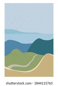 Paisaje Resumen Moderno océano de fondo contemporáneo. Montañas, colinas, formas de olas. Ilustración de vectores arte moderno estilo plano estilo minimalista decoración de afiches