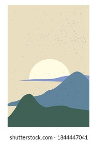 Landscape Abstract Modern Contemporary background sea ocean sunset. Mountains, hills, waves shapes. Vector illustration trendy art flat minimalist style template banner poster decor