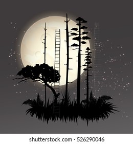 Landscape abstract moon staircase black silhouette forest island illustration