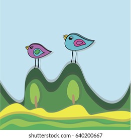 Landscape. Abstraction. Birds. Child illustration. Sketch