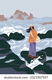 Landscape, adventure card. Calm lonely person standing on rocks in sea, wind. Girl travels in nature. Serenity, tranquility, freedom, melancholy vibe, serene mood concept. Flat vector illustration