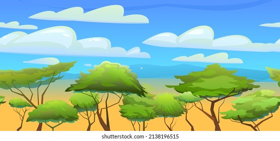 Landscape Africa. Bright blue sky. Scene with sand and plants. Savannah in desert. African acacia trees. Vector.