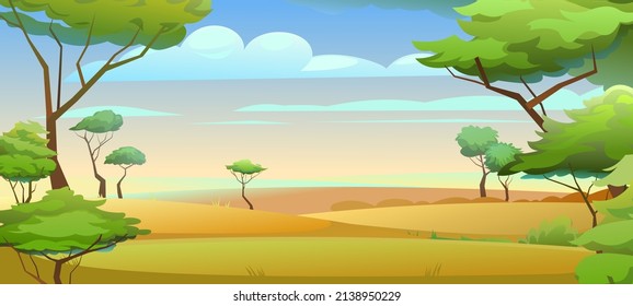 Landscape Africa. Far view. Scene with sand and plants. Savannah in desert. African acacia trees. Vector.