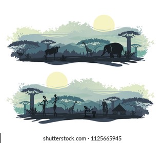 Landscape of Africa with the silhouettes of the indigenous people and wild animals