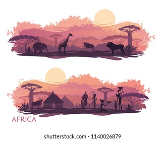 Landscape of Africa with the silhouettes of the indigenous people and wild animals