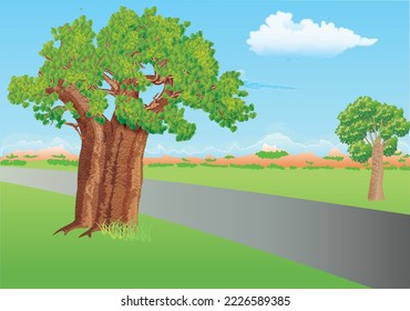 Landscape of the African savanna. A big tree of baobab growing up on a side of a road and far away in the distance appears mountains with clouds over their tops. Vector illustration.