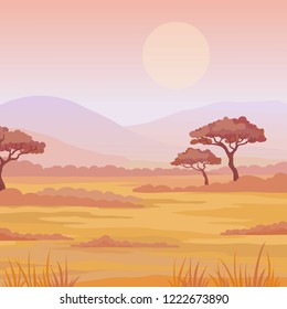 Landscape African savanna. Sunset. The place for the text. Vector illustration.