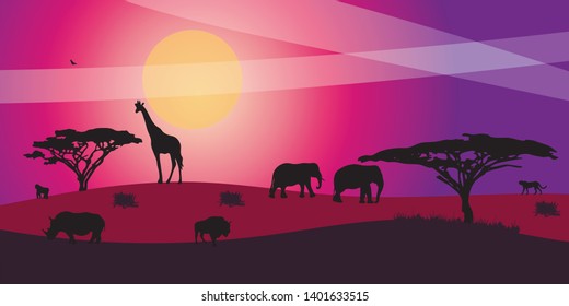 Landscape of African savannah. Animals in wild nature