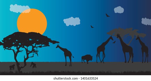 Landscape of African savannah. Animals in wild nature