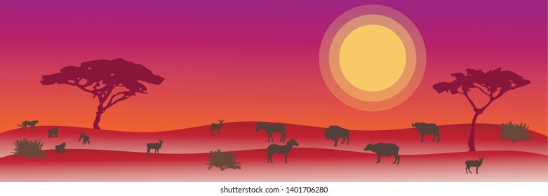 Landscape of African savannah. Animals in wild nature. 