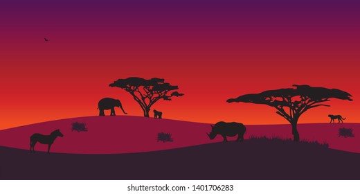 Landscape of African savannah. Animals in wild nature. 