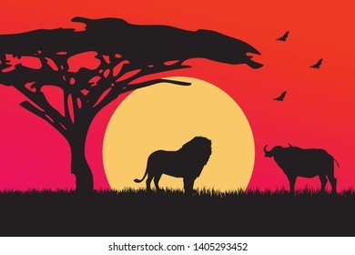 Landscape of African savannah. Animals in wild nature