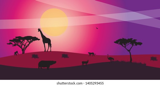 Landscape of African savannah. Animals in wild nature