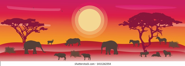 Landscape of African savannah. Animals in wild nature. 