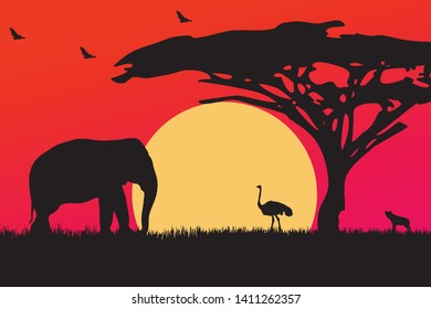 Landscape of African savannah. Animals in wild nature. 
