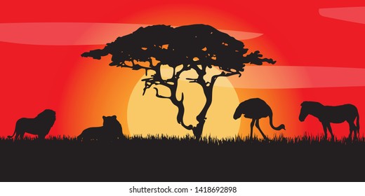 Landscape of African savannah. Animals in wild nature. 