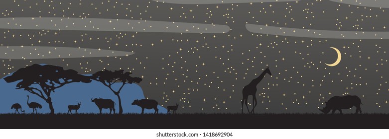 Landscape of African savannah. Animals in wild nature. 
