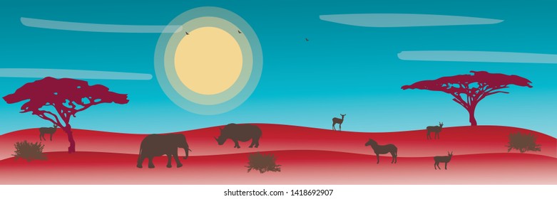 Landscape of African savannah. Animals in wild nature. 