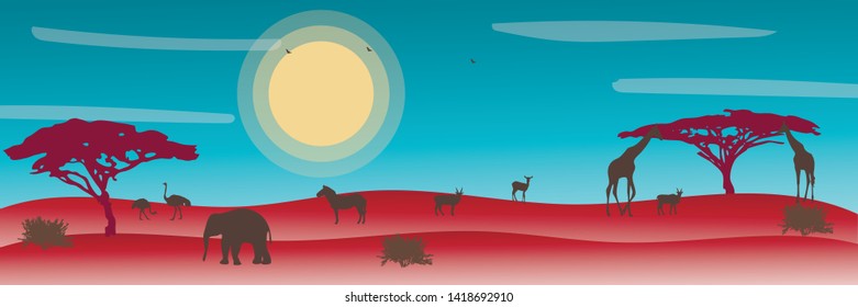 Landscape of African savannah. Animals in wild nature. 
