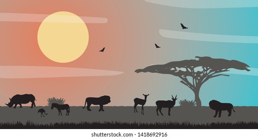 Landscape of African savannah. Animals in wild nature. 