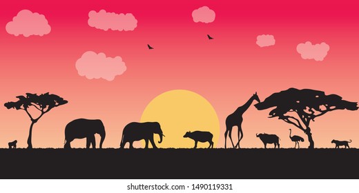 Landscape of African savannah. Animals in wild nature. 