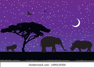 Landscape of African savannah. Animals in wild nature. 
