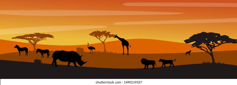 Landscape of African savannah. Animals in wild nature. 