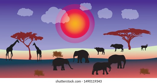 Landscape of African savannah. Animals in wild nature. 