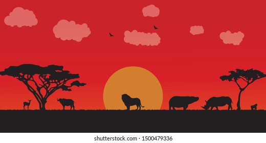 Landscape of African savannah. Animals in wild nature. 