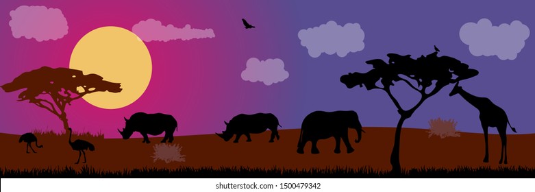 Landscape of African savannah. Animals in wild nature. 