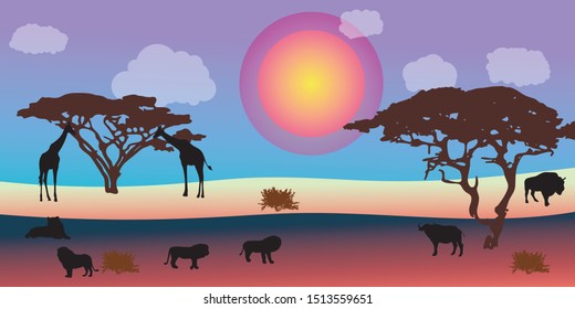 Landscape of African savannah. Animals in wild nature. 