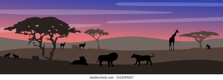 Landscape of African savannah. Animals in wild nature. 
