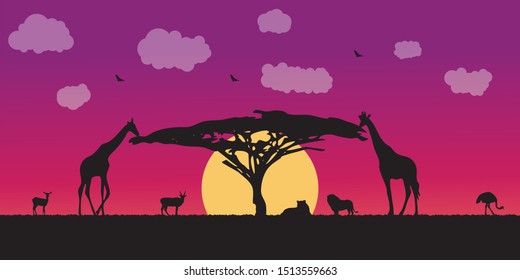Landscape of African savannah. Animals in wild nature. 