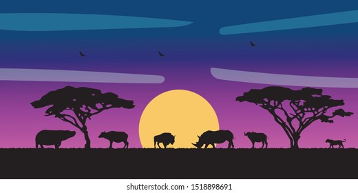 Landscape of African savannah. Animals in wild nature