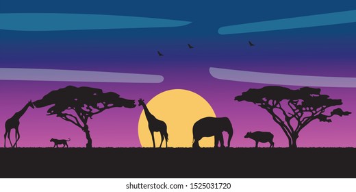 Landscape of African savannah. Animals in wild nature. 