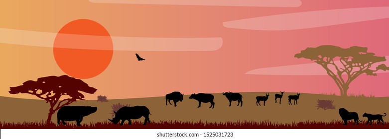 Landscape of African savannah. Animals in wild nature. 