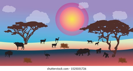 Landscape of African savannah. Animals in wild nature. 