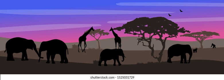 Landscape of African savannah. Animals in wild nature. 