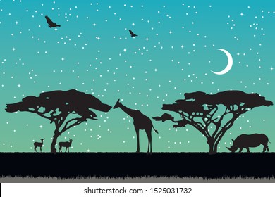 Landscape of African savannah. Animals in wild nature. 