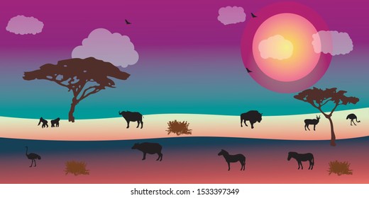 Landscape of African savannah. Animals in wild nature. 