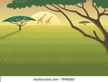 Landscape of the African Savannah at dusk/dawn. A4 proportions. You can extend the last grass layer downwards and use it to fit as much text as you like.