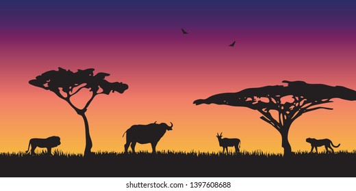 Landscape of African savannah. Silhouette of animals in wild nature. 