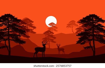 Landscape in the afternoon silhouette of Deer and Trees